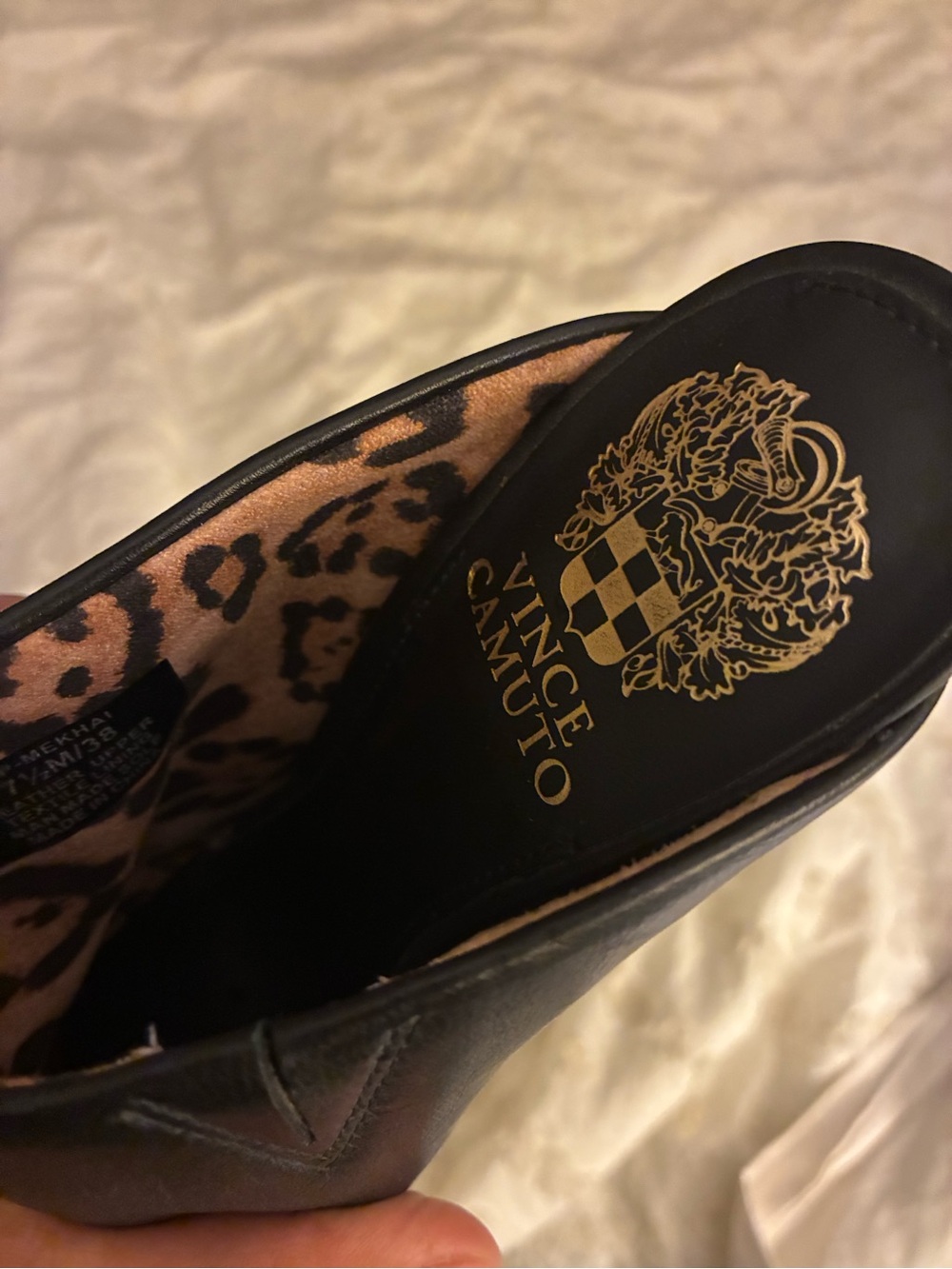 Vince Camuto Black Pointed Leather Mule Heels with Leopard Lining - Picture 6 of 16